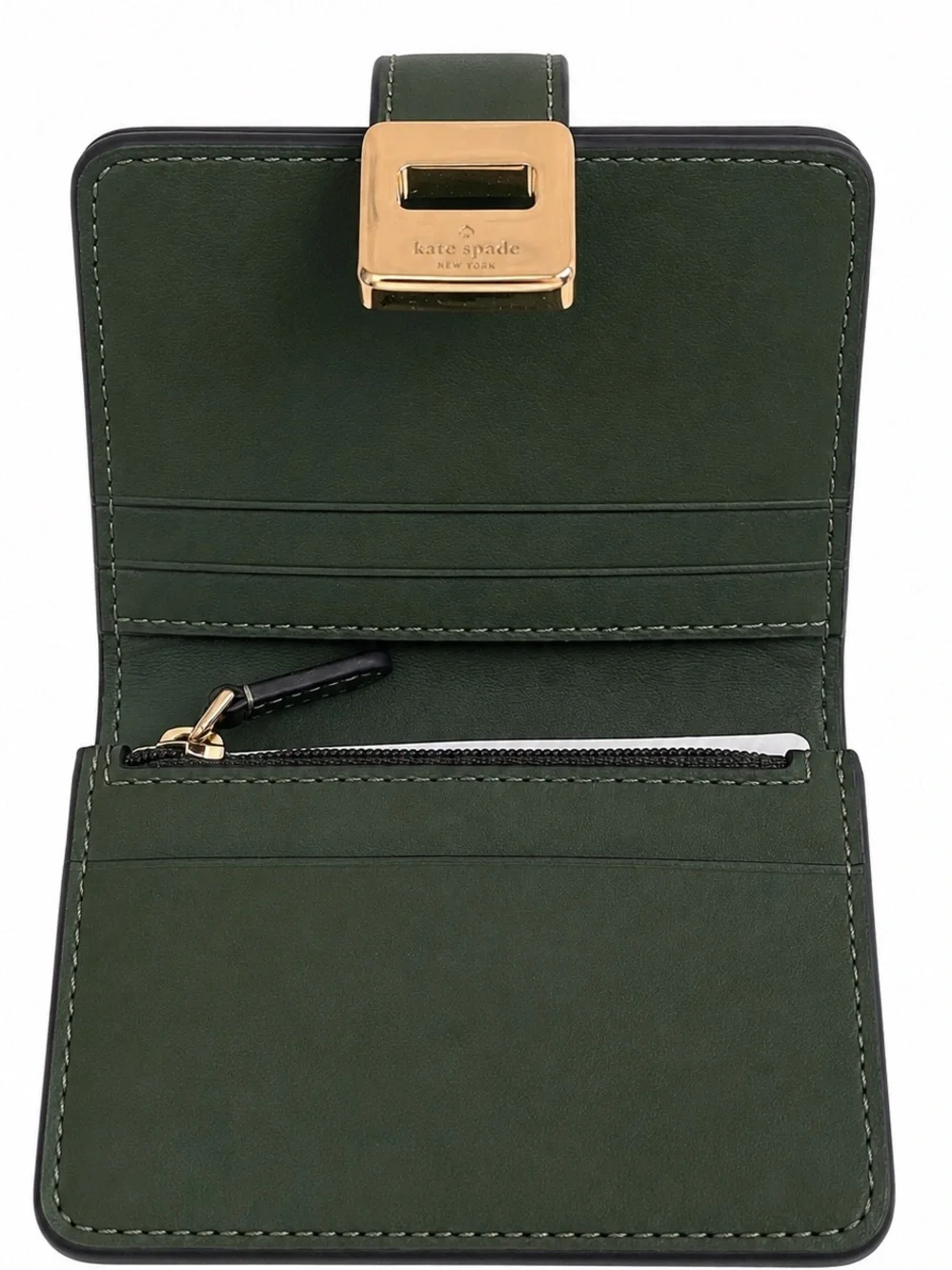 Kate Spade New York Green Leather Wallet Gold Turn Lock New